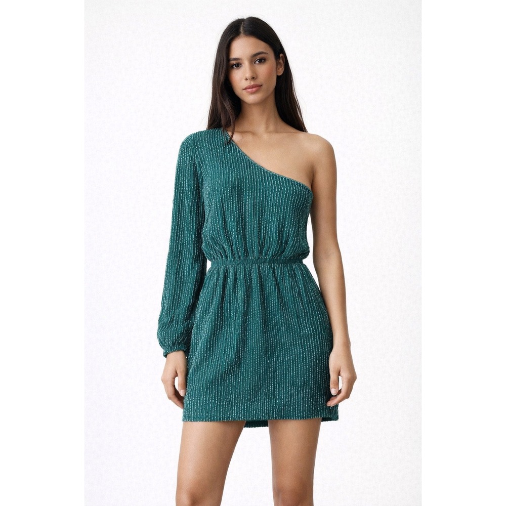 Karina Grimaldi Beaded One Shoulder Mini Dress Emerald Green XS Party Cocktail‎